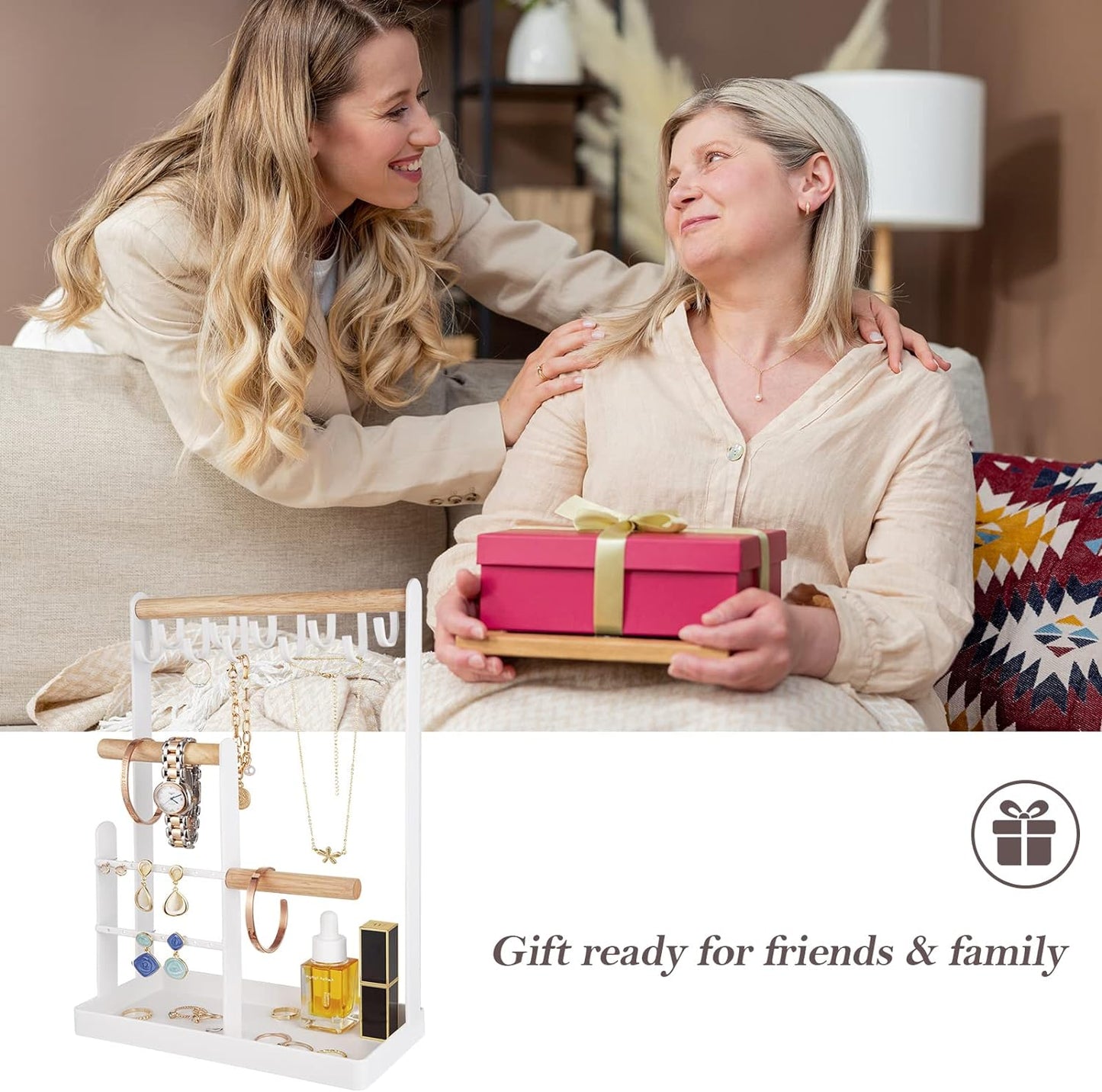 Jewelry Organizer Stand Necklace Holder, 4-Tier Tower Rack with Earring Tray, 10 Hooks Necklaces Hanging Small Jewelry Display Storage Tree for Bracelets Rings Watches