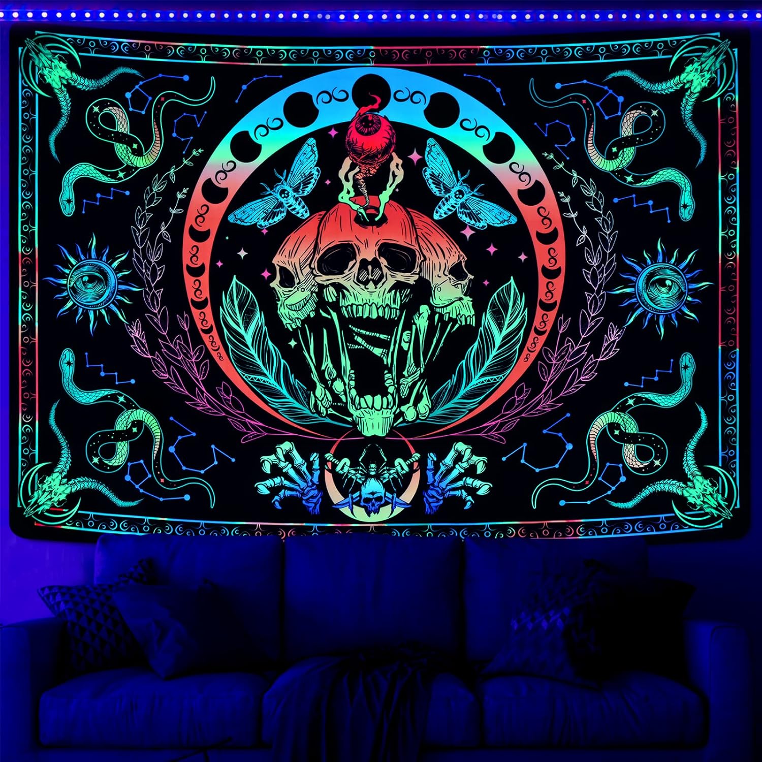 UV Reactive Blacklight Skull Tapestry with Snake, Moth, and Moon Phases - Glow-in-the-Dark Wall Hanging for Aesthetic Room Decor