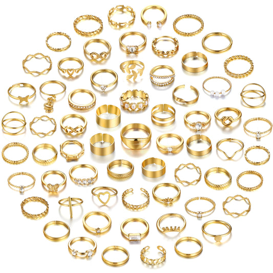 FAXHION 60 Pcs Gold Stackable Rings for Women, Knuckle Rings Chunky Gold Ring Set Dainty Stacking Cute Rings, Multiple Sizes Cute Jewelry Set Gift