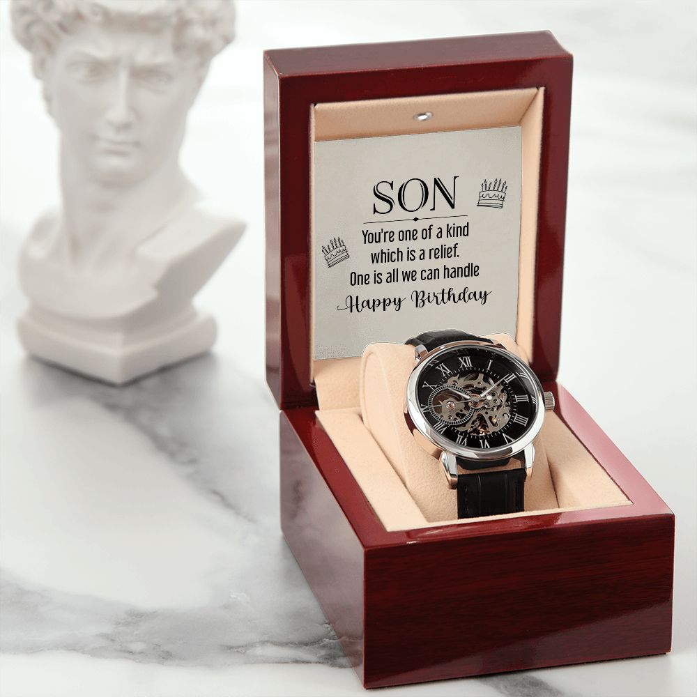 son - you're one of a kind Men's Openwork Watch w/ Genuine Black Leather Band