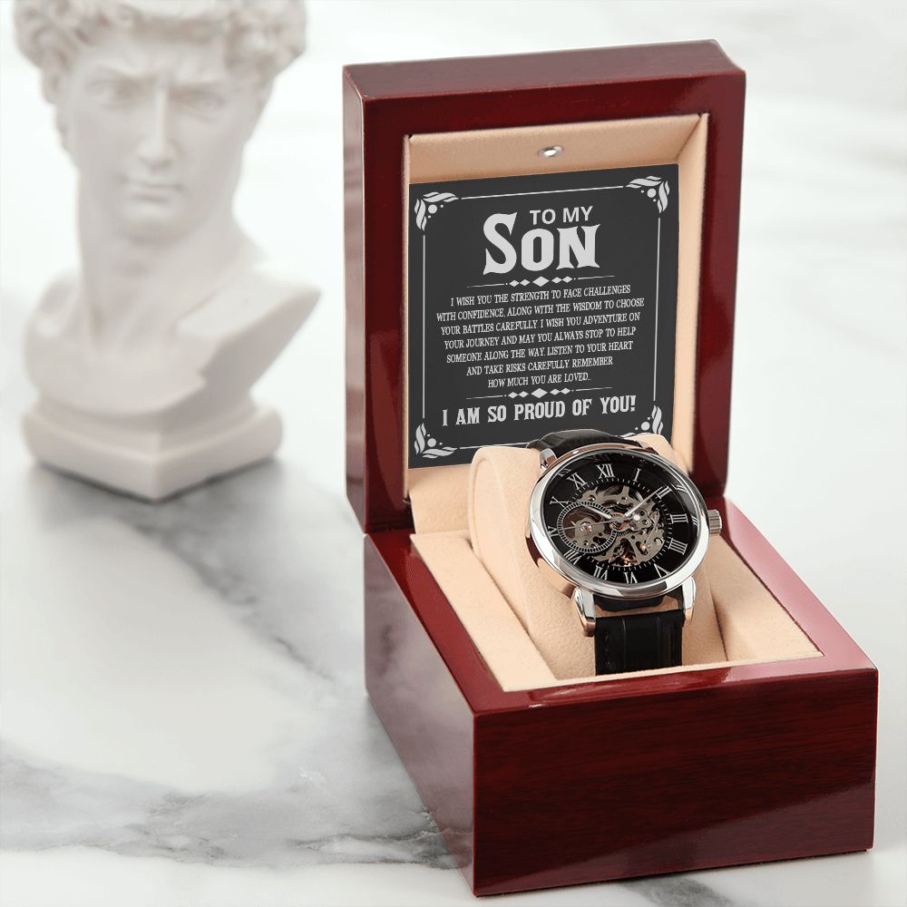 To My Son - I wish you the strength to face challenges Men's Openwork Watch w/ Genuine Black Leather Band