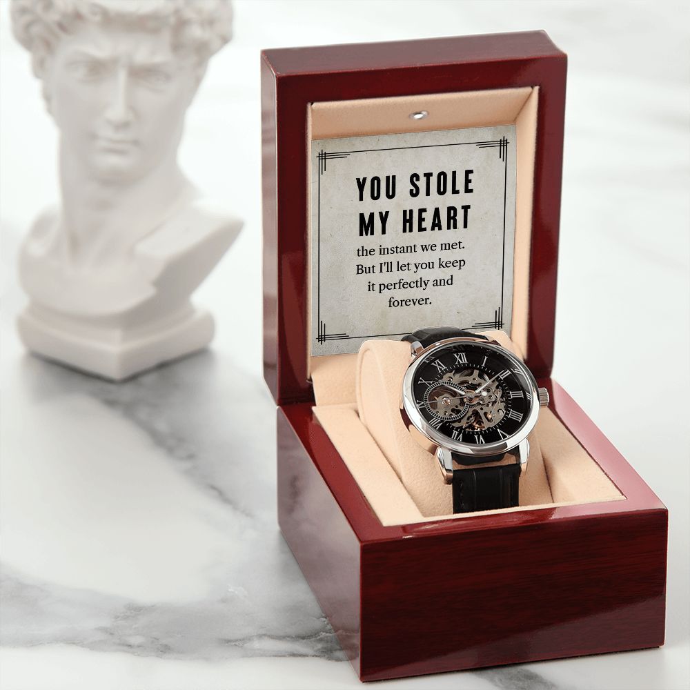 My man-You stole my heart Men's Openwork Watch w/ Genuine Black Leather Band