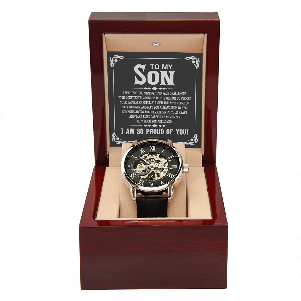 To My Son - I wish you the strength to face challenges Men's Openwork Watch w/ Genuine Black Leather Band