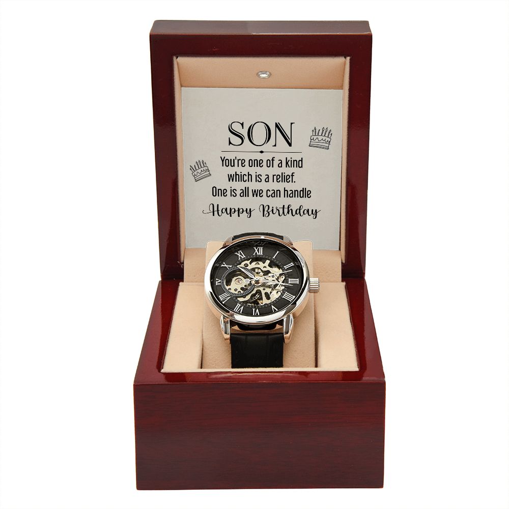 son - you're one of a kind Men's Openwork Watch w/ Genuine Black Leather Band