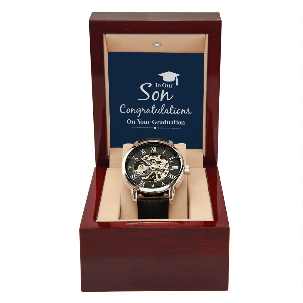 to our son congratulations on your graduation Men's Openwork Watch w/ Genuine Black Leather Band