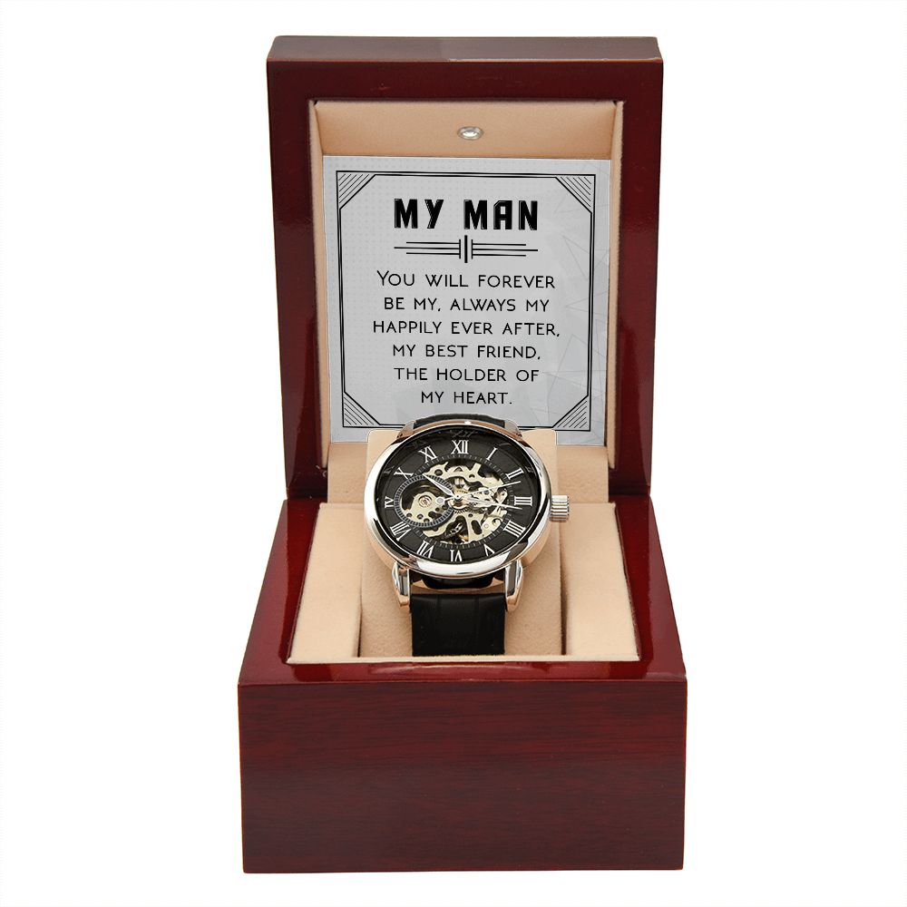 You will forever be my always Men's Openwork Watch w/ Genuine Black Leather Band