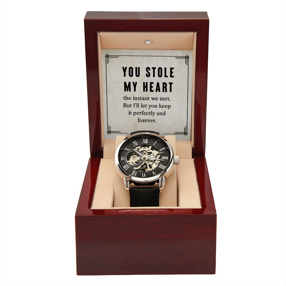 My man-You stole my heart Men's Openwork Watch w/ Genuine Black Leather Band