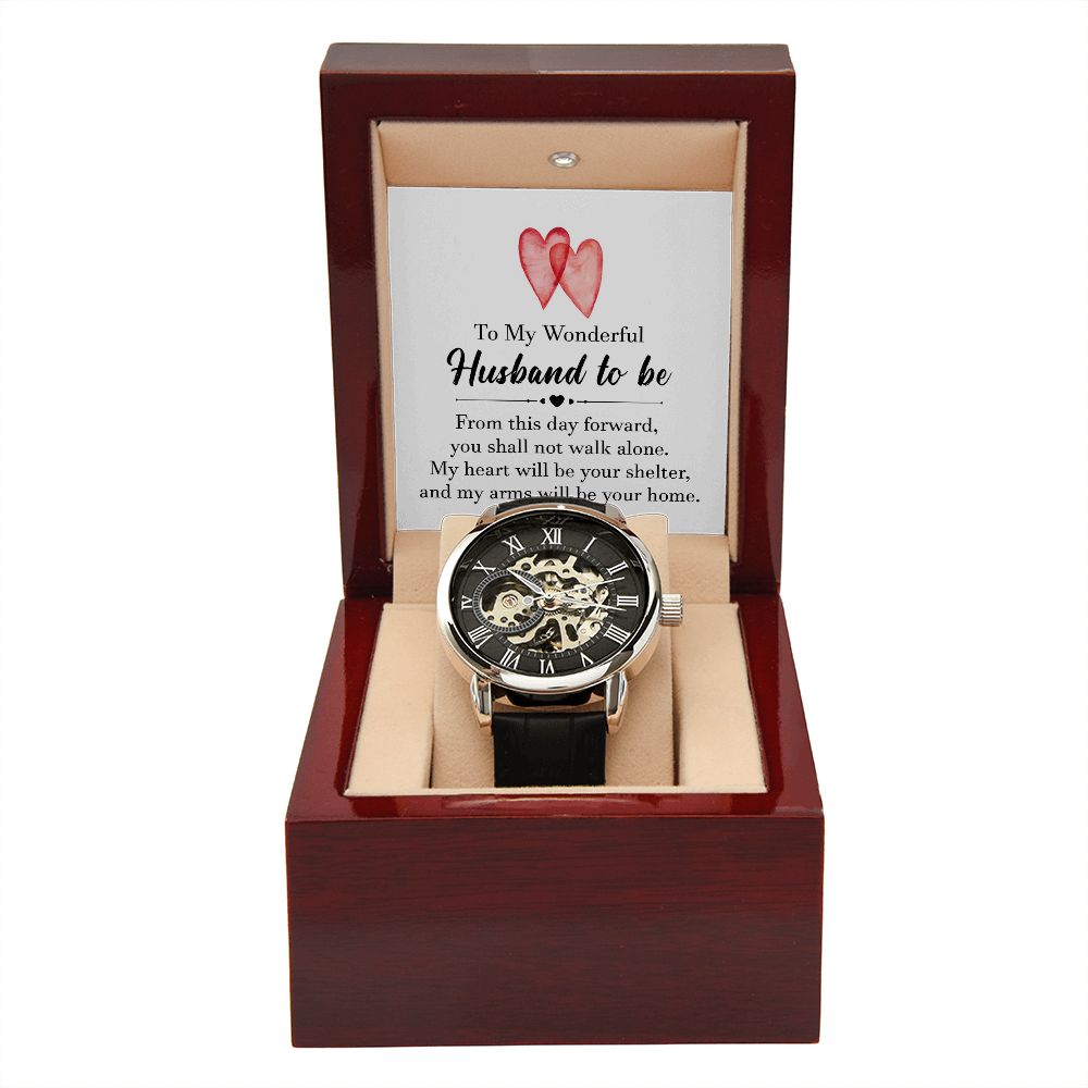 To my wonderful husband to be Men's Openwork Watch w/ Genuine Black Leather Band