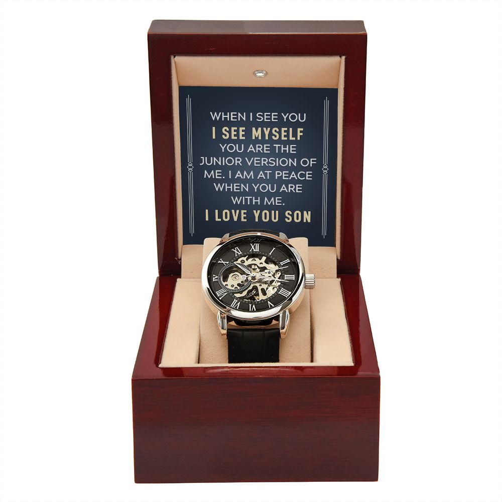 To my son-When I see you Men's Openwork Watch w/ Genuine Black Leather Band