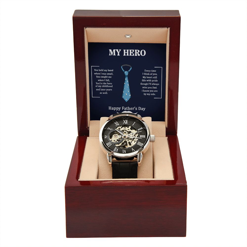 Dad my Hero Men's Openwork Watch w/ Genuine Black Leather Band