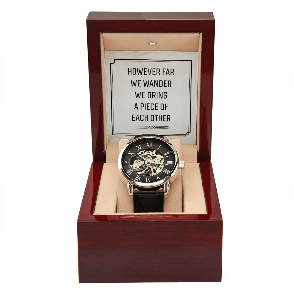 However far we wander Men's Openwork Watch w/ Genuine Black Leather Band