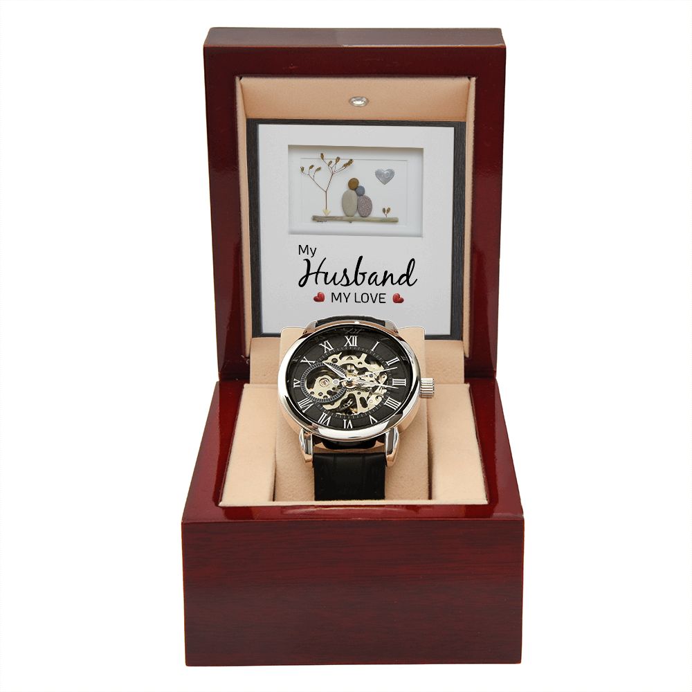 My Husband my Love Men's Openwork Watch w/ Genuine Black Leather Band