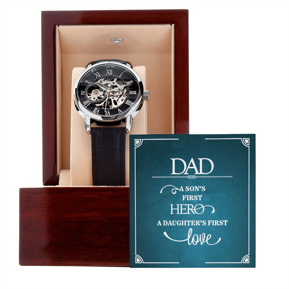 Dad a sons first Hero Men's Openwork Watch w/ Genuine Black Leather Band