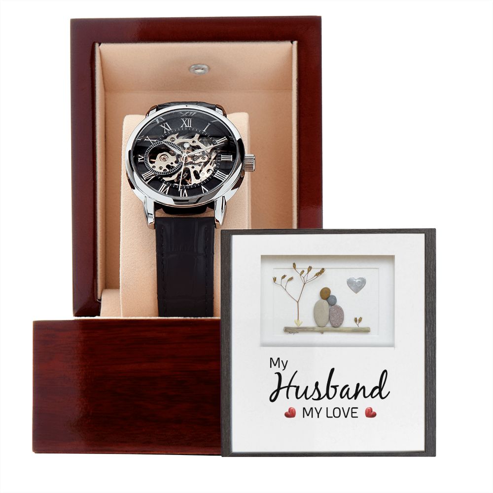 My Husband my Love Men's Openwork Watch w/ Genuine Black Leather Band