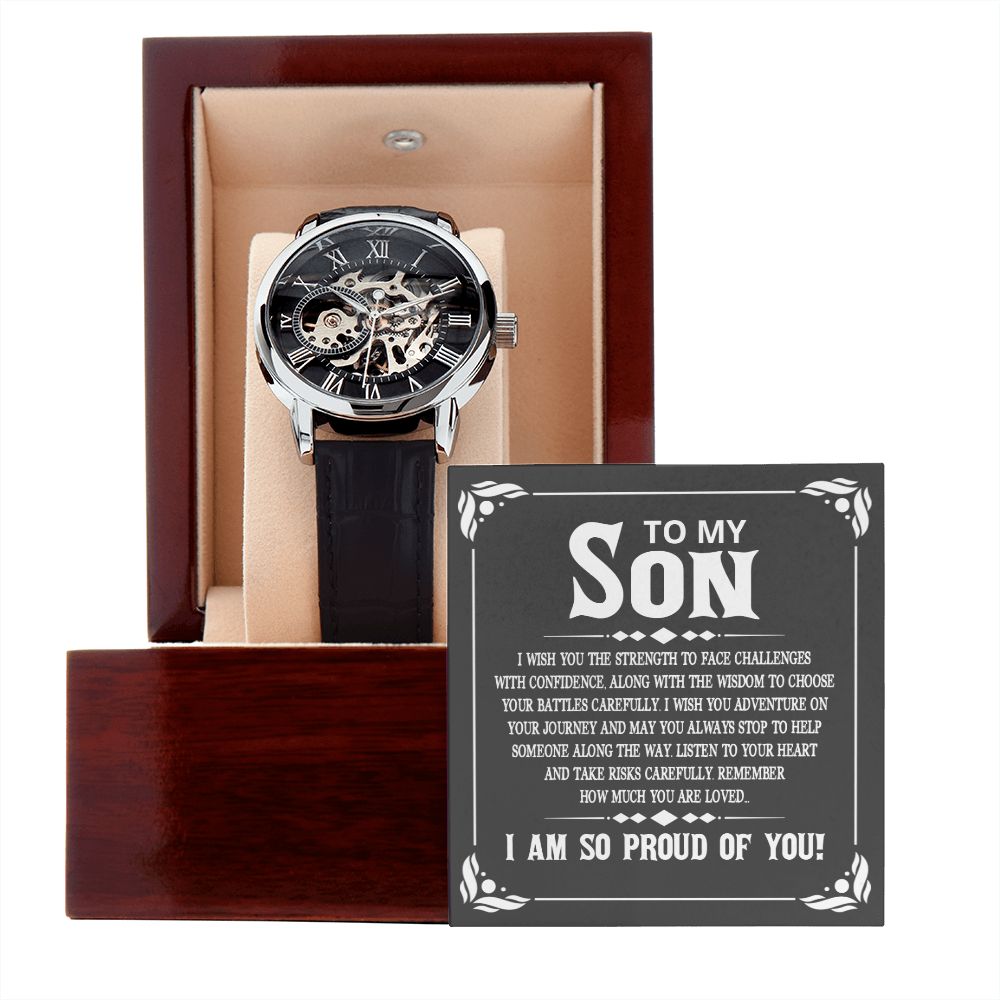 To My Son - I wish you the strength to face challenges Men's Openwork Watch w/ Genuine Black Leather Band