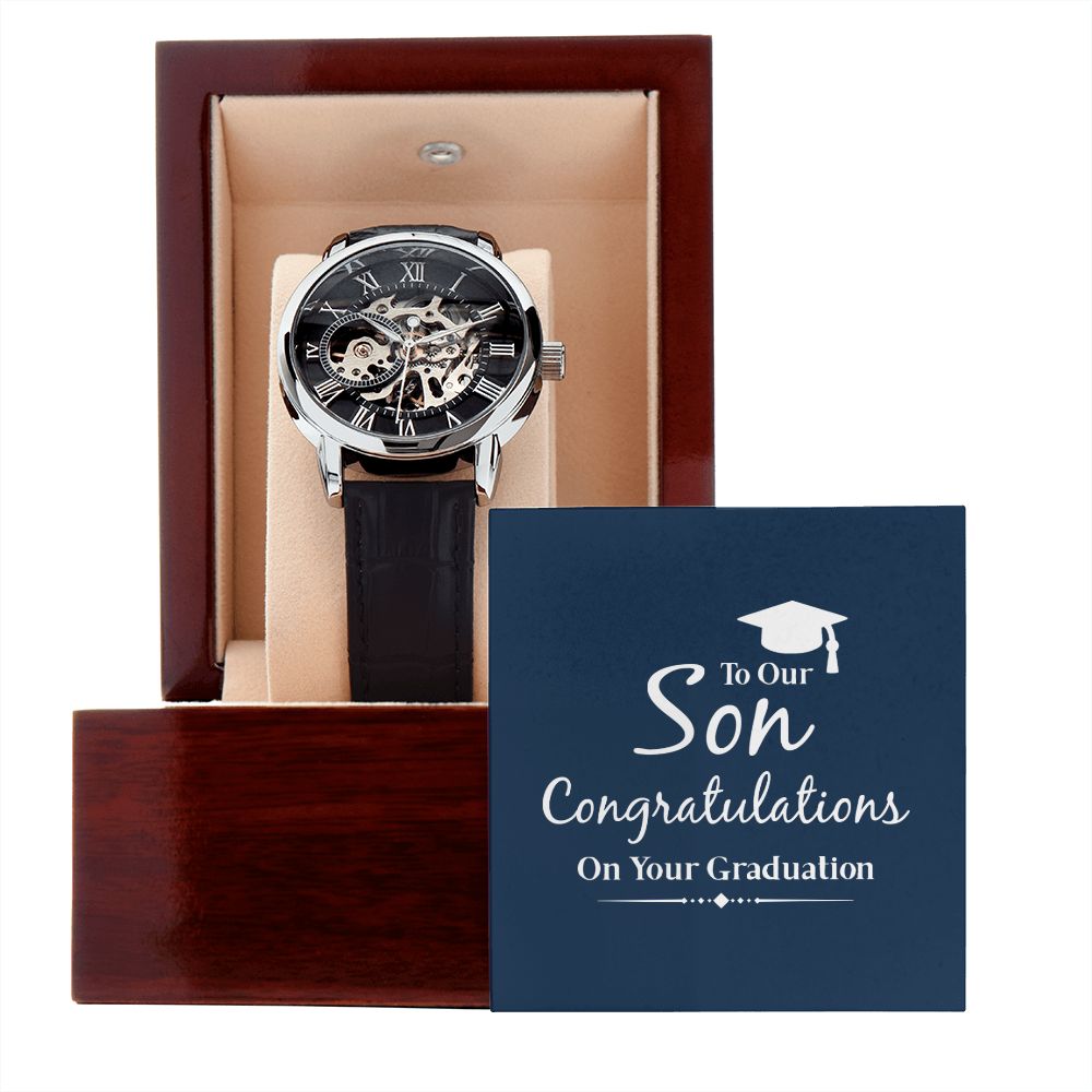 to our son congratulations on your graduation Men's Openwork Watch w/ Genuine Black Leather Band