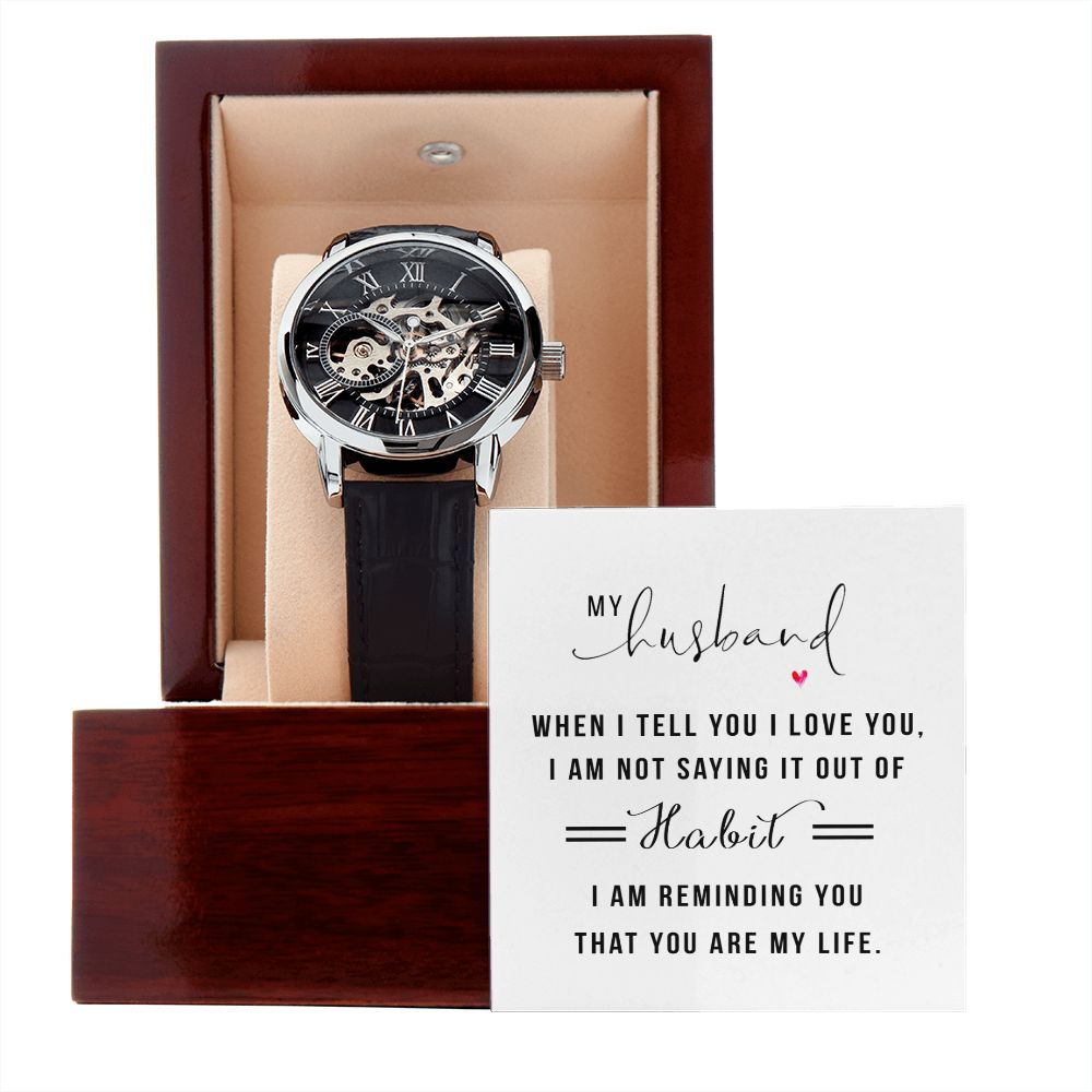 My Husband when I tell you I love you Men's Openwork Watch w/ Genuine Black Leather Band