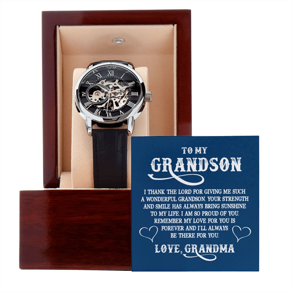 To My GrandSon - I thank The LORD for giving me such Men's Openwork Watch w/ Genuine Black Leather Band