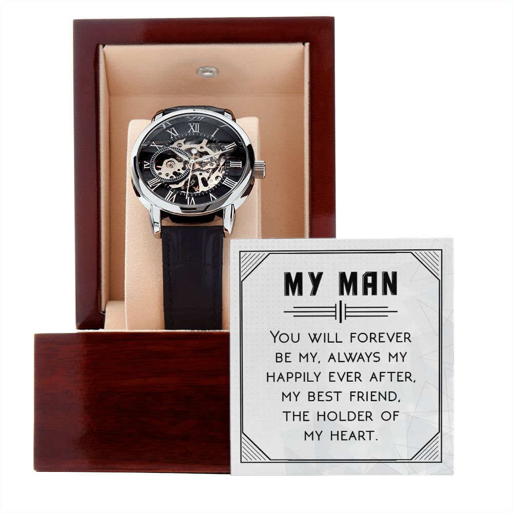 You will forever be my always Men's Openwork Watch w/ Genuine Black Leather Band