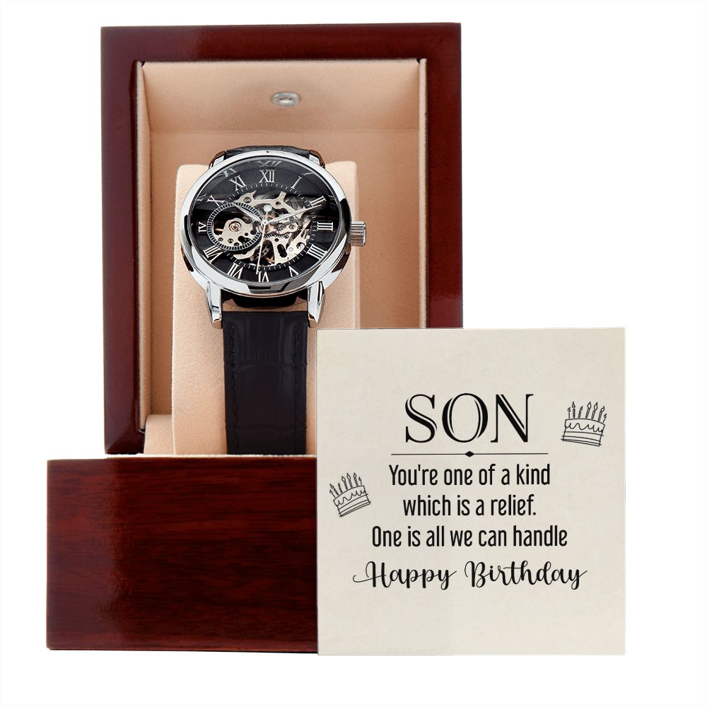son - you're one of a kind Men's Openwork Watch w/ Genuine Black Leather Band