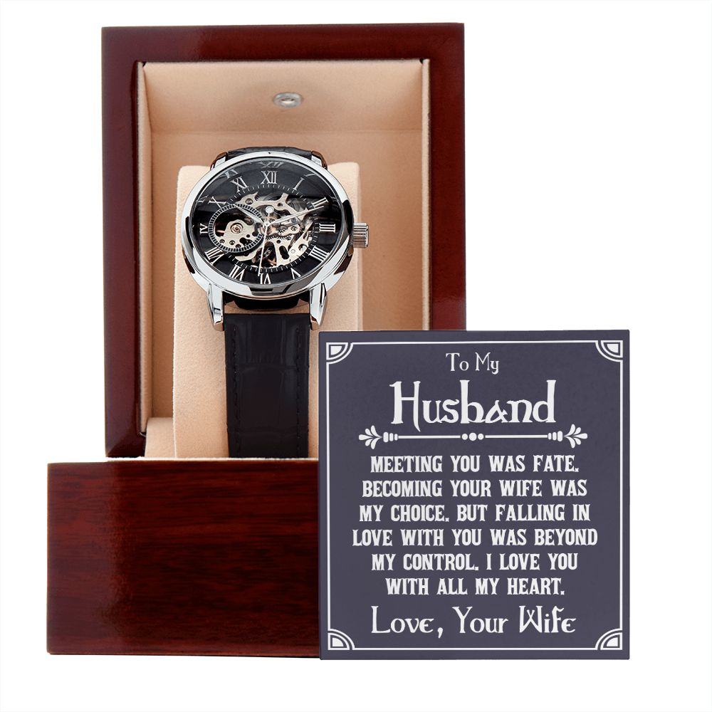 To My Husband - Meeting you was fate Men's Openwork Watch w/ Genuine Black Leather Band