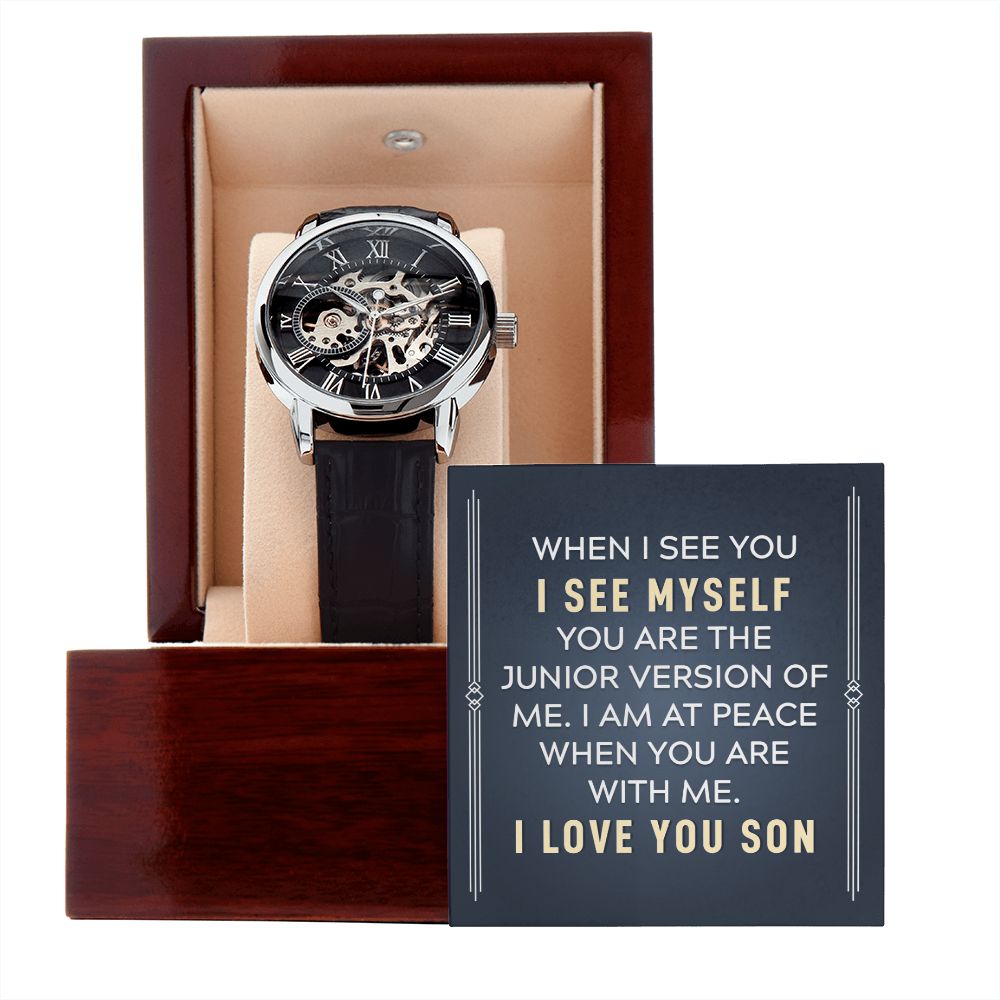 To my son-When I see you Men's Openwork Watch w/ Genuine Black Leather Band