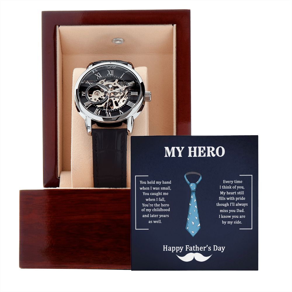 Dad my Hero Men's Openwork Watch w/ Genuine Black Leather Band