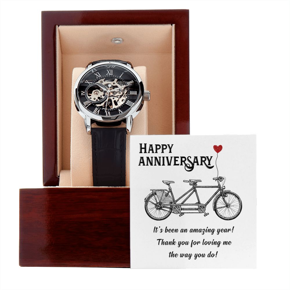 Happy Anniversary its been an amazing years Men's Openwork Watch w/ Genuine Black Leather Band