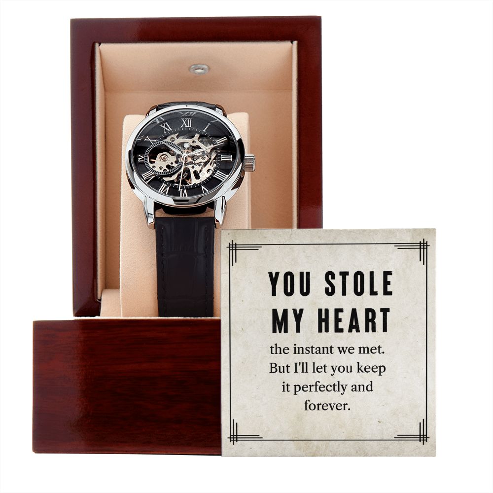 My man-You stole my heart Men's Openwork Watch w/ Genuine Black Leather Band