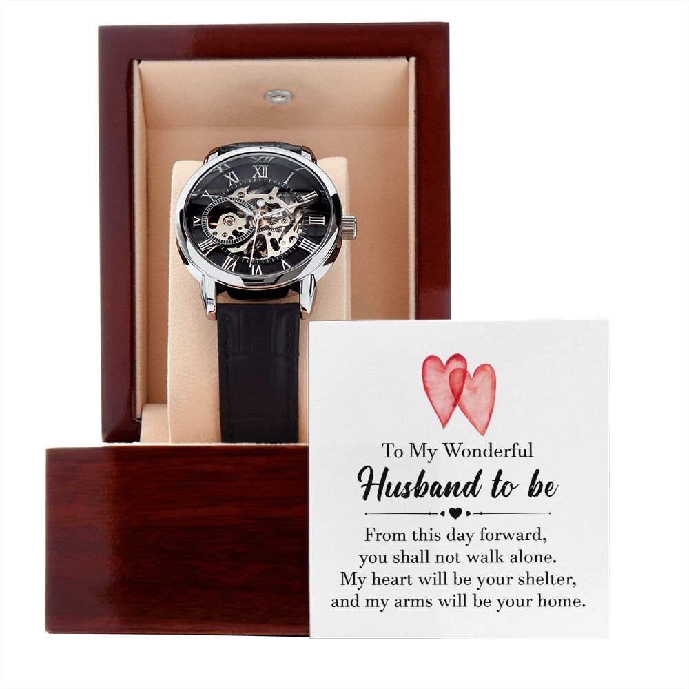 To my wonderful husband to be Men's Openwork Watch w/ Genuine Black Leather Band