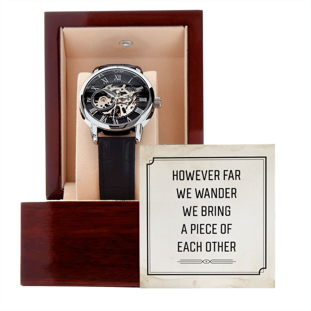 However far we wander Men's Openwork Watch w/ Genuine Black Leather Band
