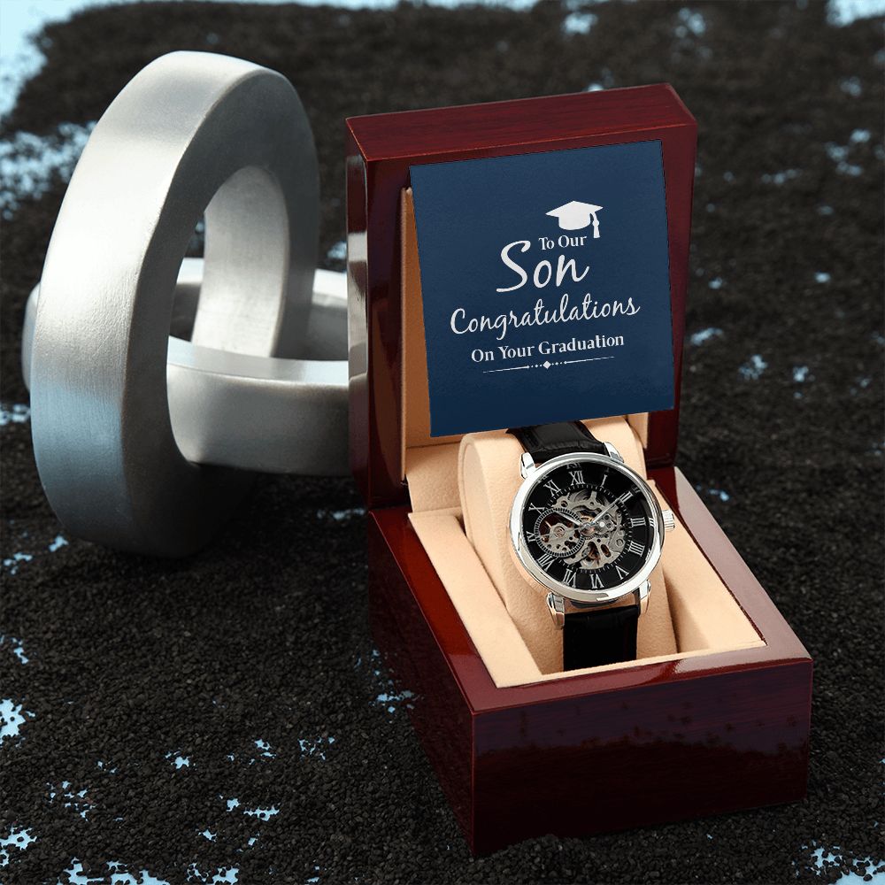 to our son congratulations on your graduation Men's Openwork Watch w/ Genuine Black Leather Band