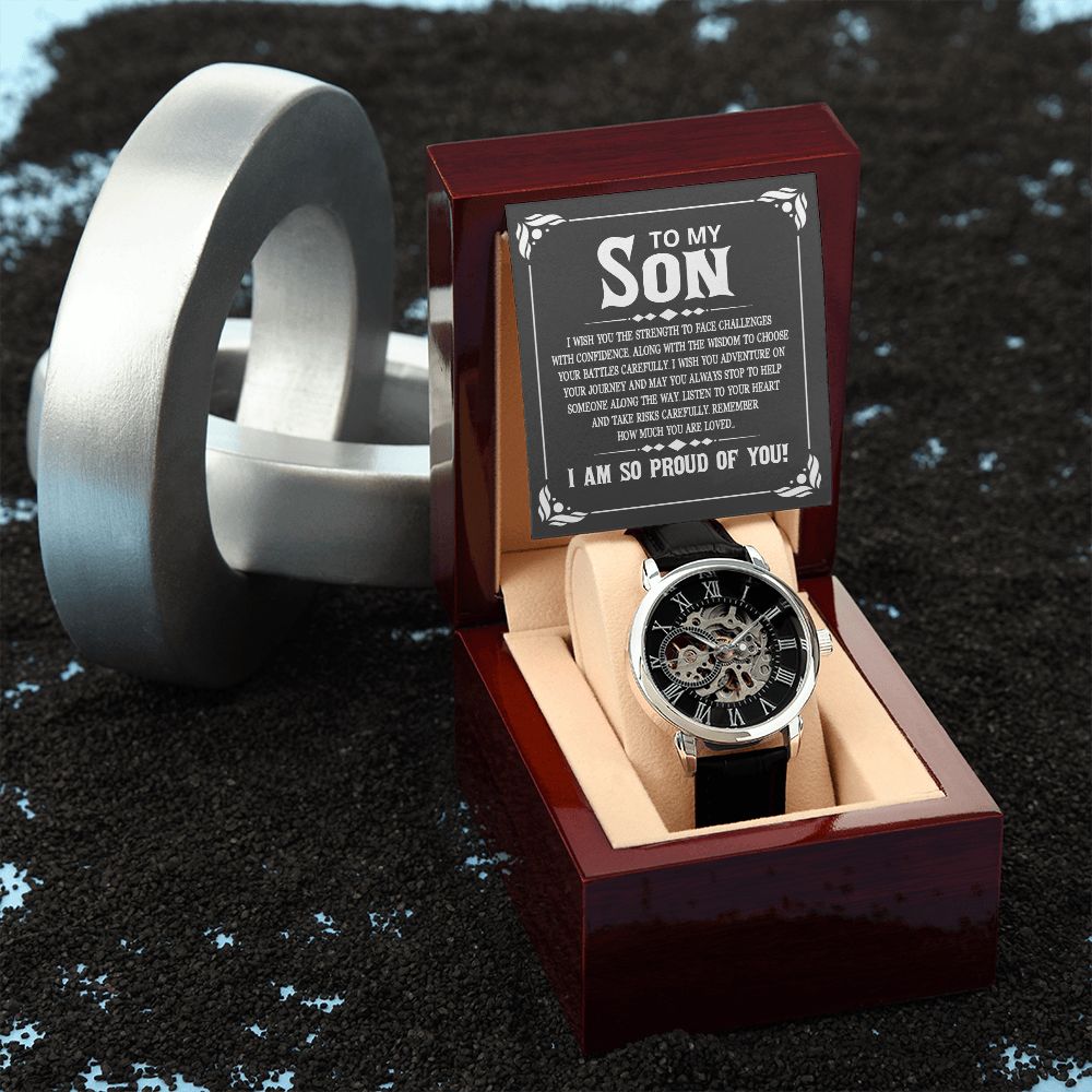 To My Son - I wish you the strength to face challenges Men's Openwork Watch w/ Genuine Black Leather Band