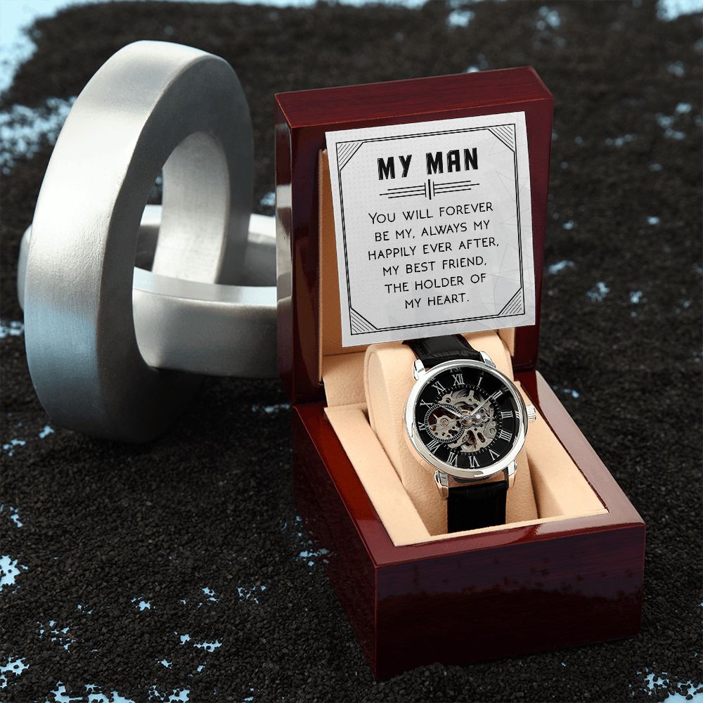 You will forever be my always Men's Openwork Watch w/ Genuine Black Leather Band