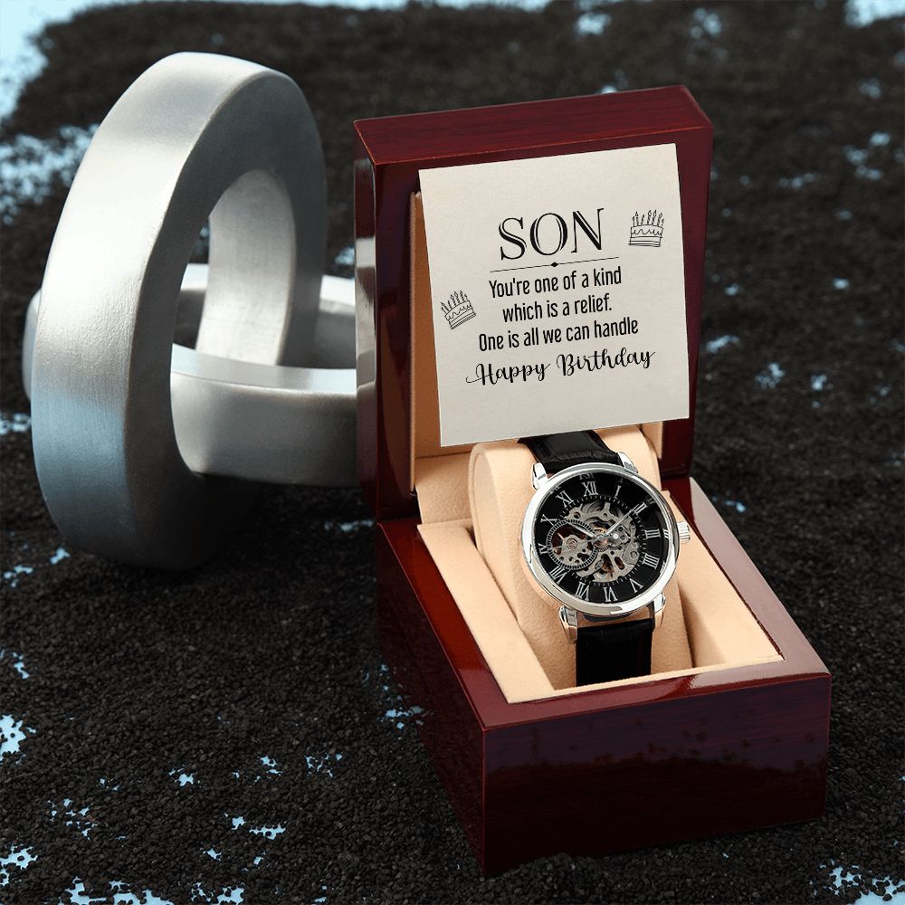 son - you're one of a kind Men's Openwork Watch w/ Genuine Black Leather Band