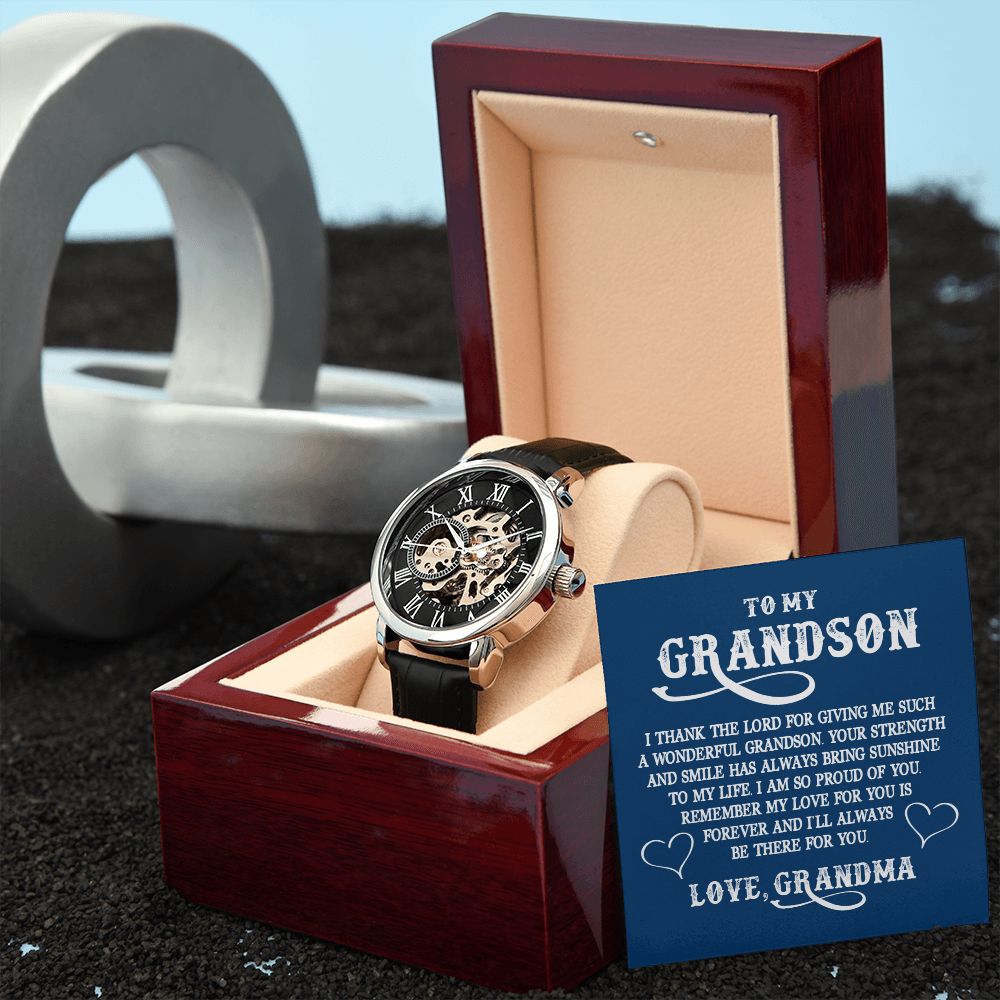 To My GrandSon - I thank The LORD for giving me such Men's Openwork Watch w/ Genuine Black Leather Band