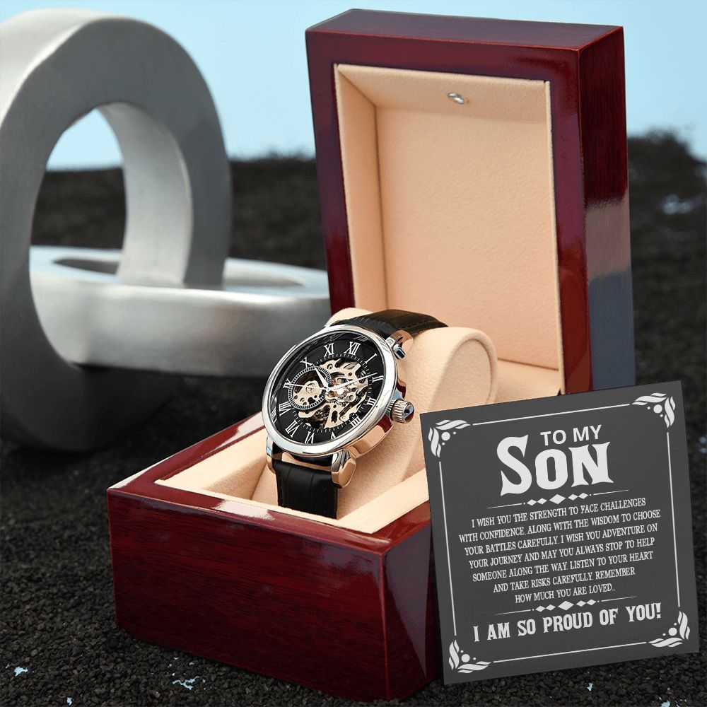 To My Son - I wish you the strength to face challenges Men's Openwork Watch w/ Genuine Black Leather Band