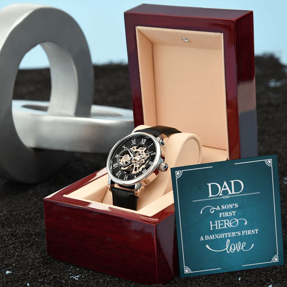 Dad a sons first Hero Men's Openwork Watch w/ Genuine Black Leather Band
