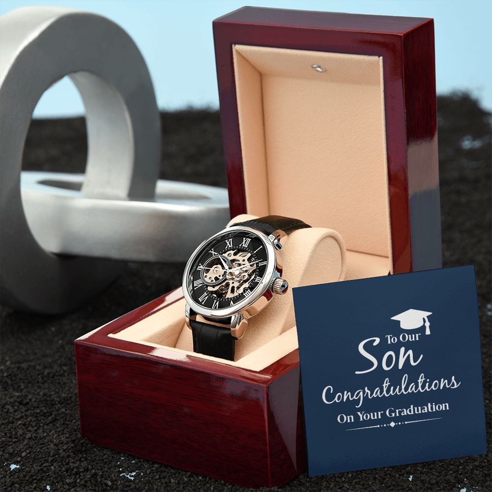 to our son congratulations on your graduation Men's Openwork Watch w/ Genuine Black Leather Band