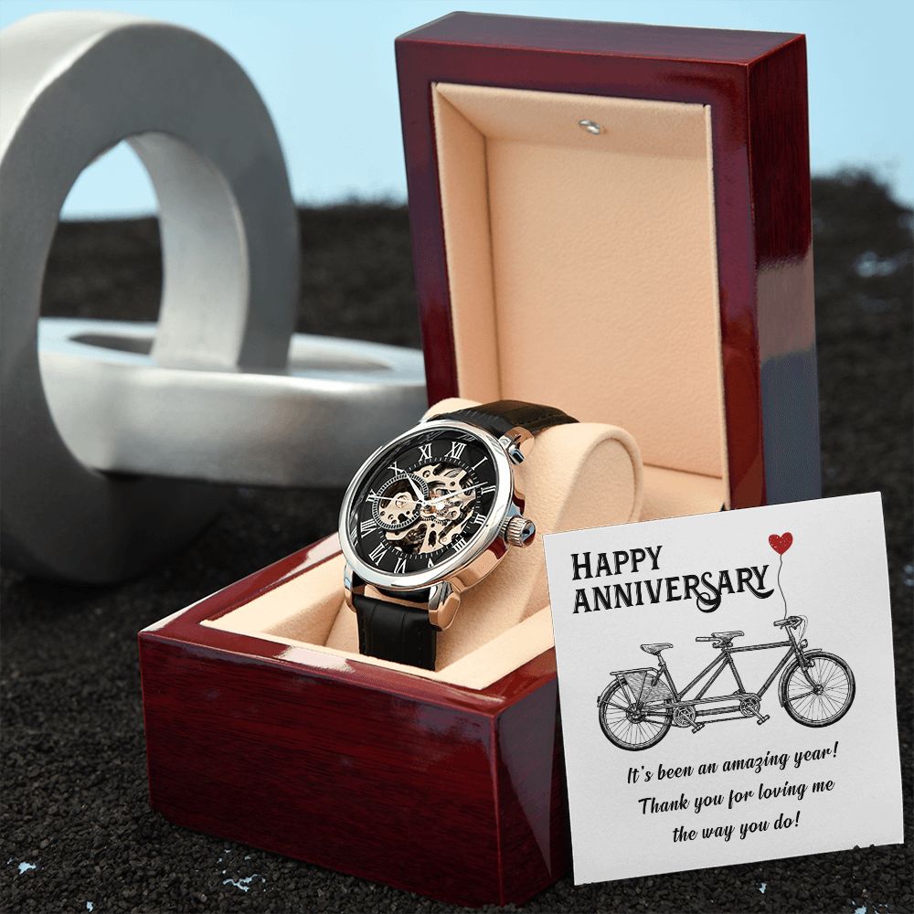 Happy Anniversary its been an amazing years Men's Openwork Watch w/ Genuine Black Leather Band