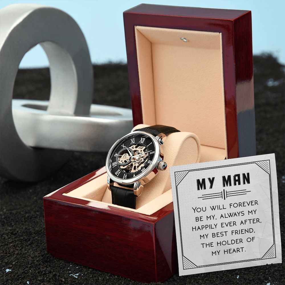 You will forever be my always Men's Openwork Watch w/ Genuine Black Leather Band