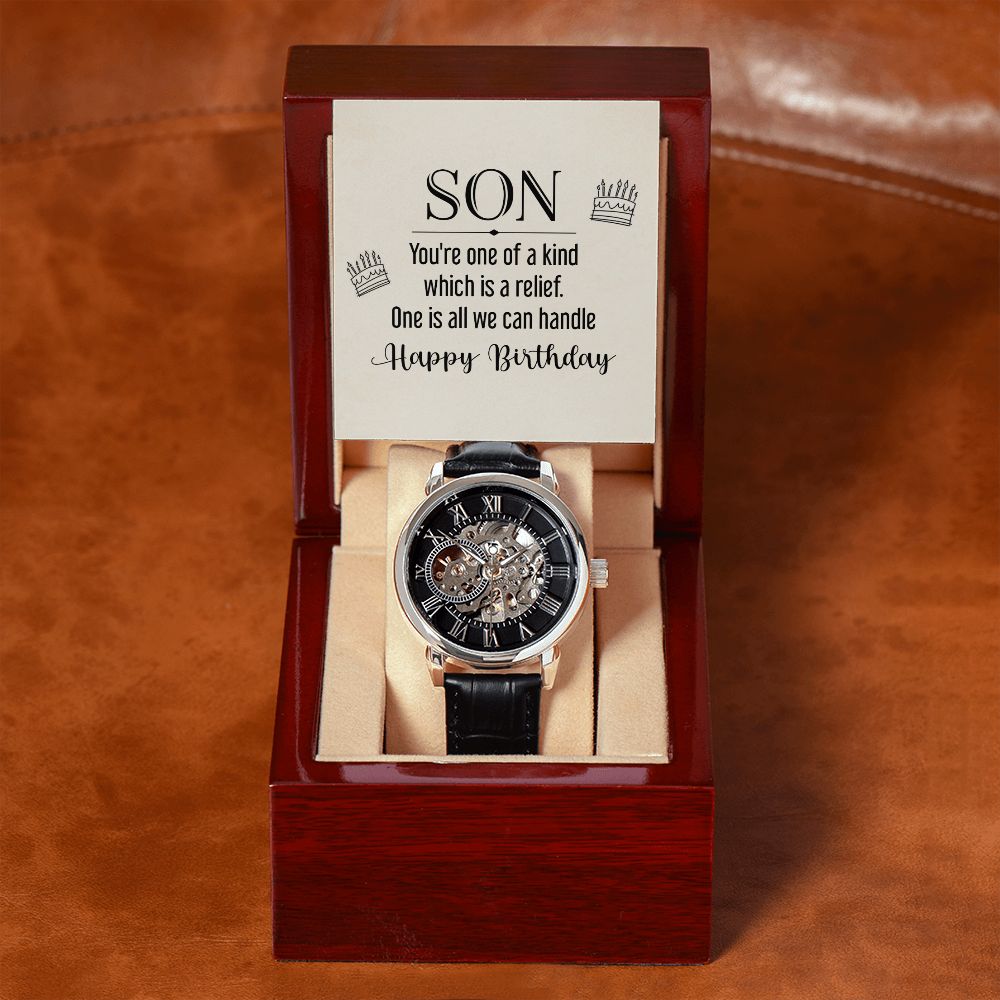 son - you're one of a kind Men's Openwork Watch w/ Genuine Black Leather Band