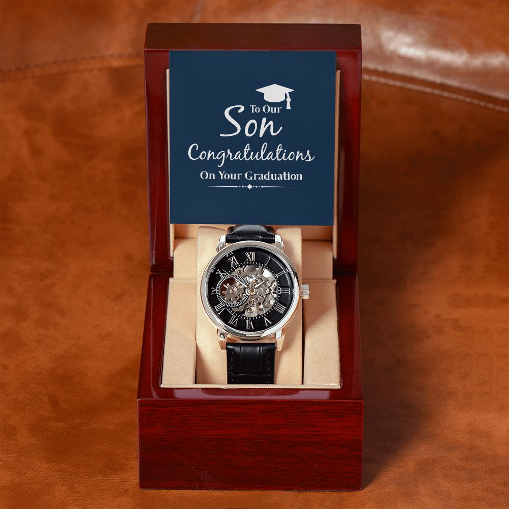 to our son congratulations on your graduation Men's Openwork Watch w/ Genuine Black Leather Band