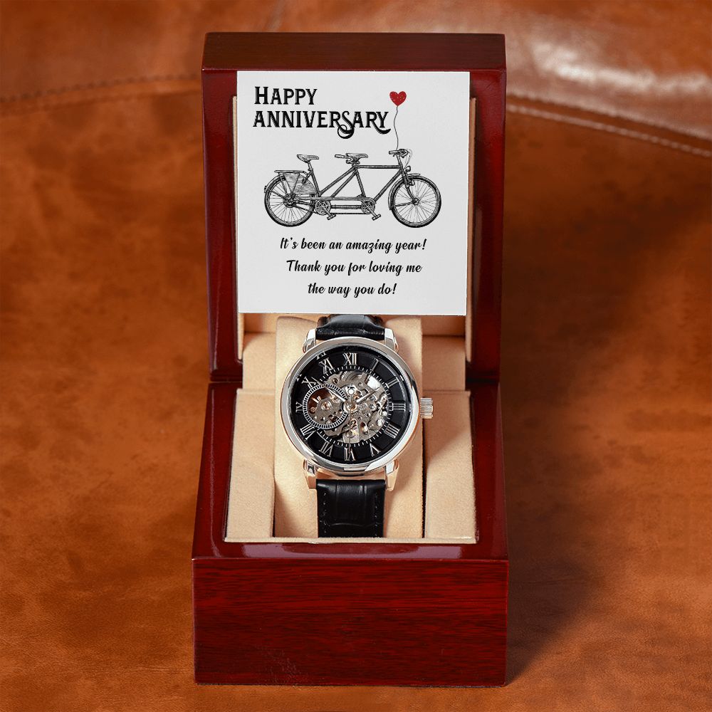 Happy Anniversary its been an amazing years Men's Openwork Watch w/ Genuine Black Leather Band