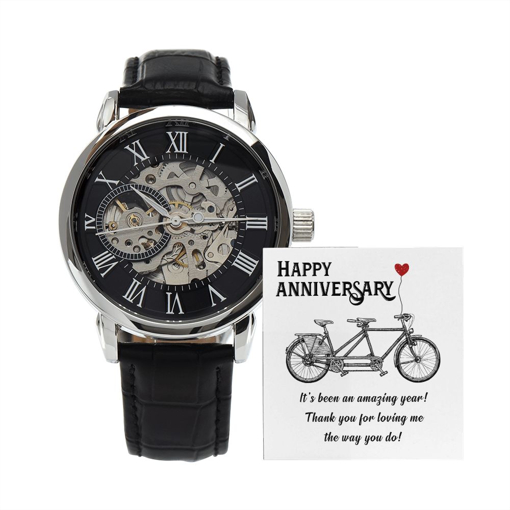 Happy Anniversary its been an amazing years Men's Openwork Watch w/ Genuine Black Leather Band