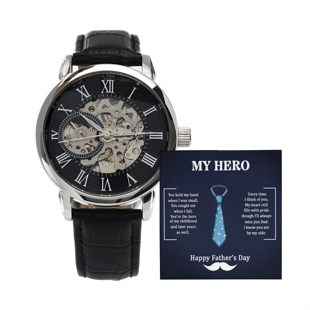 Dad my Hero Men's Openwork Watch w/ Genuine Black Leather Band