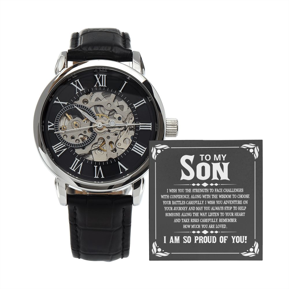 To My Son - I wish you the strength to face challenges Men's Openwork Watch w/ Genuine Black Leather Band