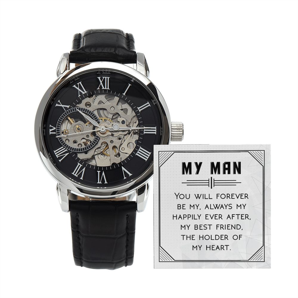 You will forever be my always Men's Openwork Watch w/ Genuine Black Leather Band