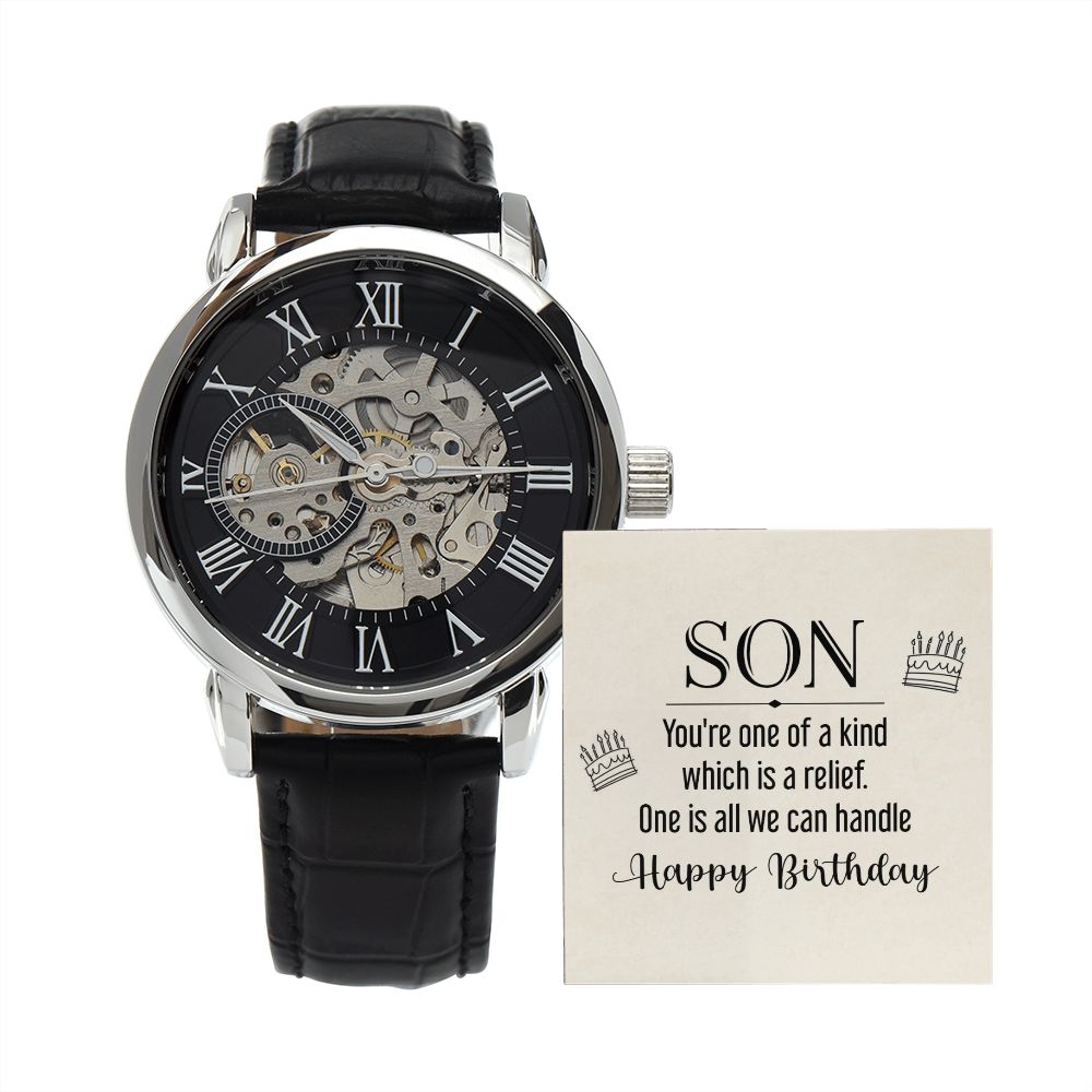 son - you're one of a kind Men's Openwork Watch w/ Genuine Black Leather Band