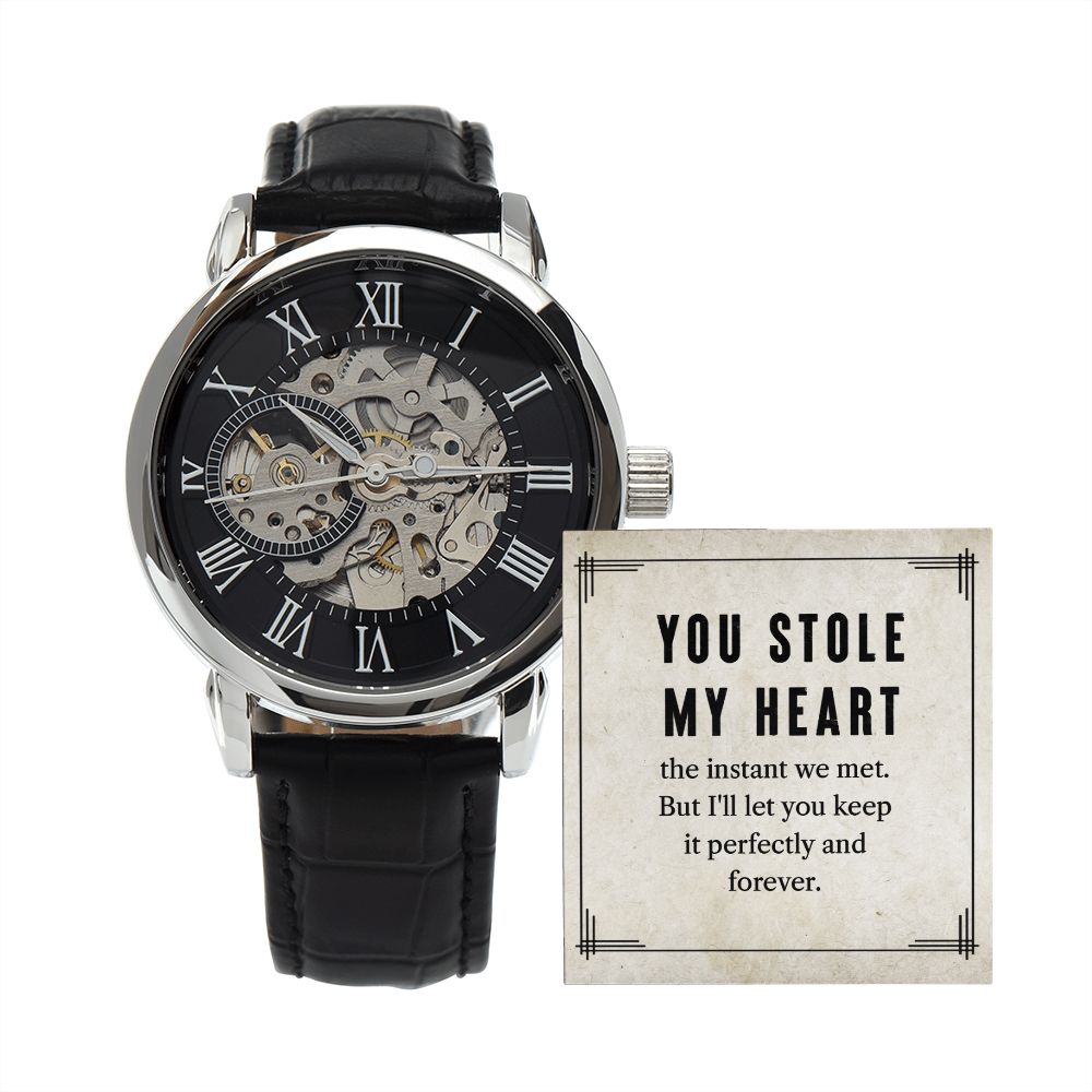 My man-You stole my heart Men's Openwork Watch w/ Genuine Black Leather Band